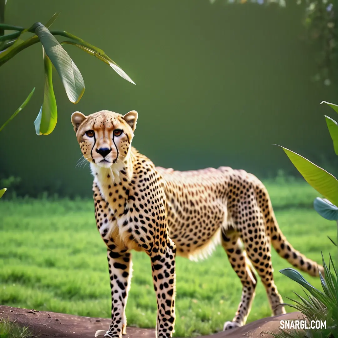 Cheetah standing on a dirt path in a grassy area with trees in the background