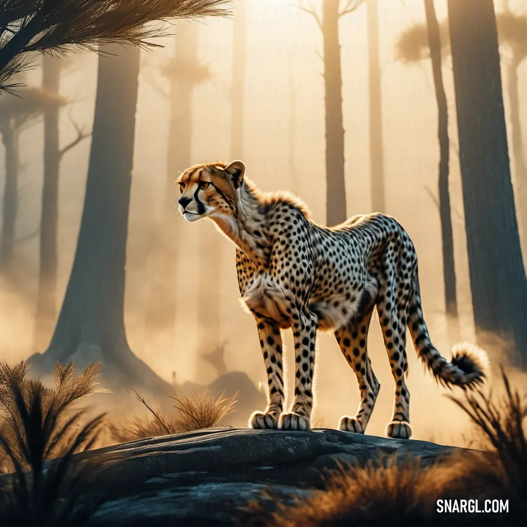 Cheetah standing on a rock in a forest with trees and fog in the background