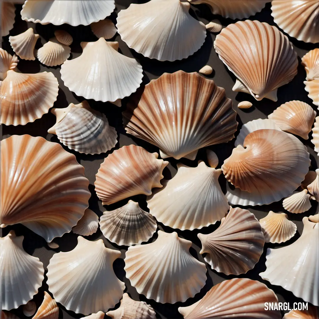 Bunch of seashells are arranged together on a wall in a row