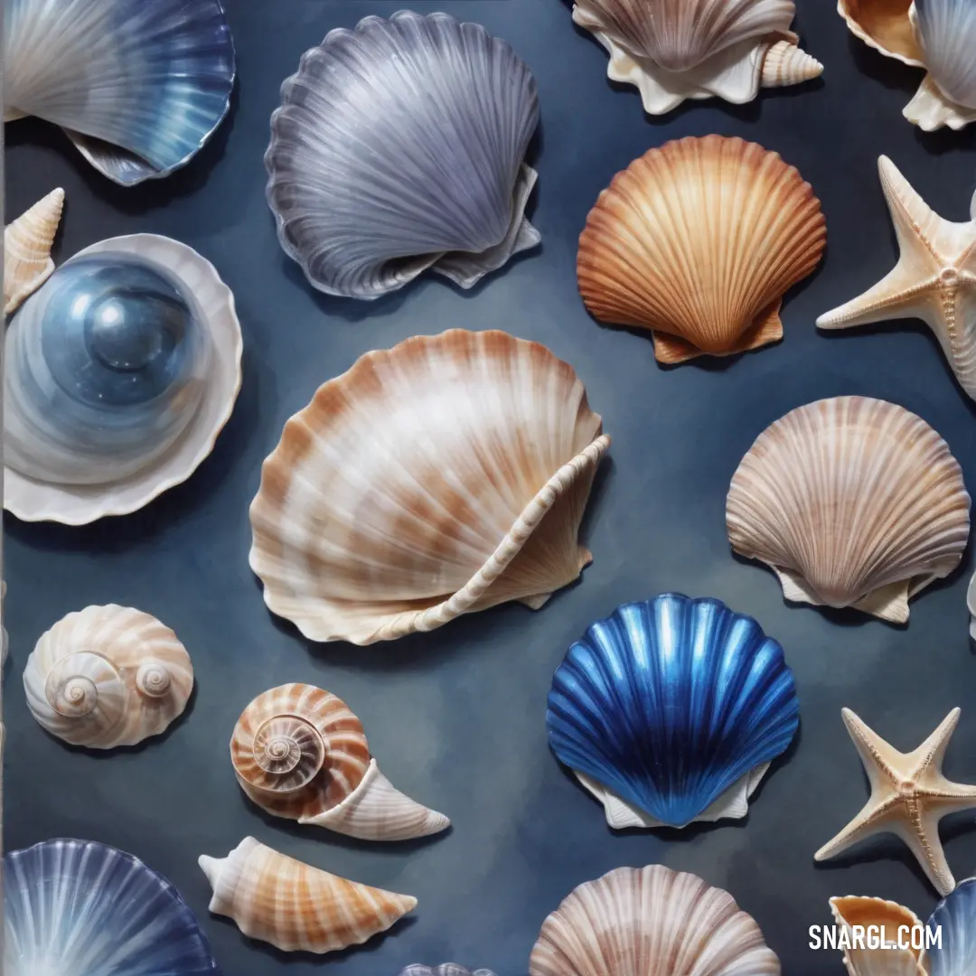 Bunch of seashells are on a table together in a display case