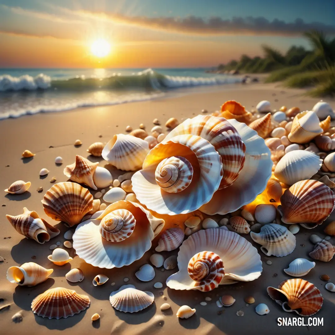 Bunch of seashells on a beach at sunset with the sun in the background