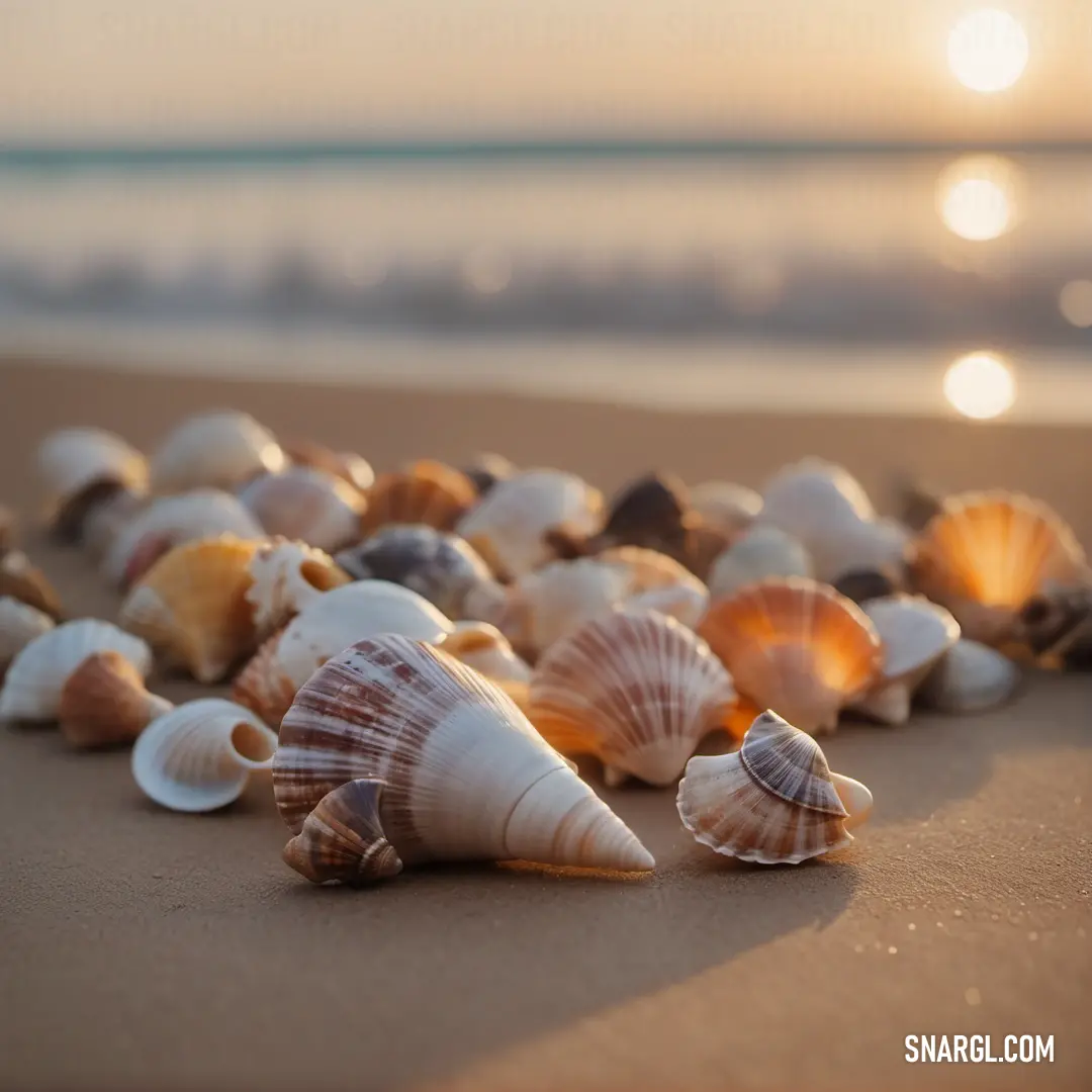 Bunch of shells are laying on the beach sand at sunset or sunrise time
