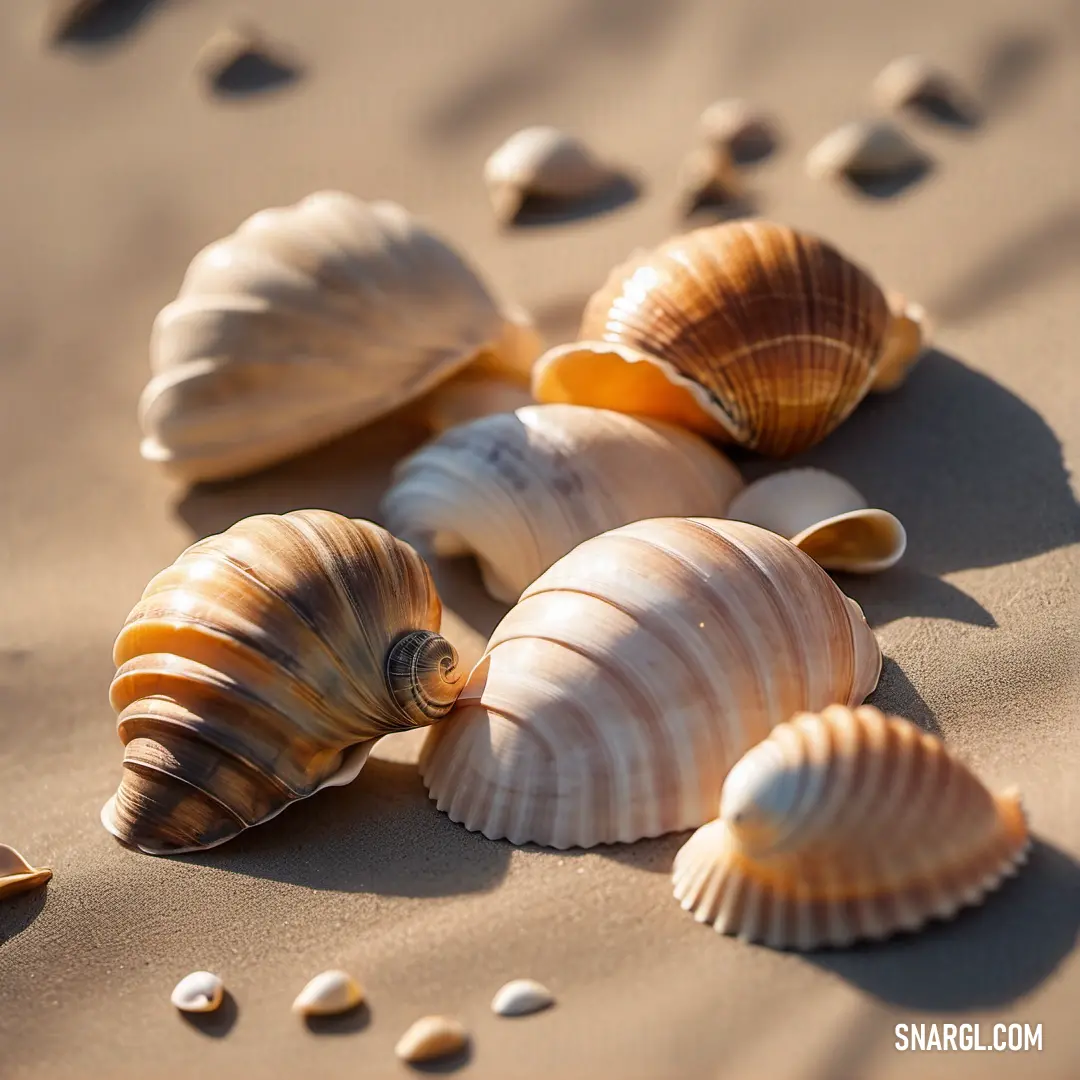 Group of sea shells on a sandy beach with shells scattered around them on the sand