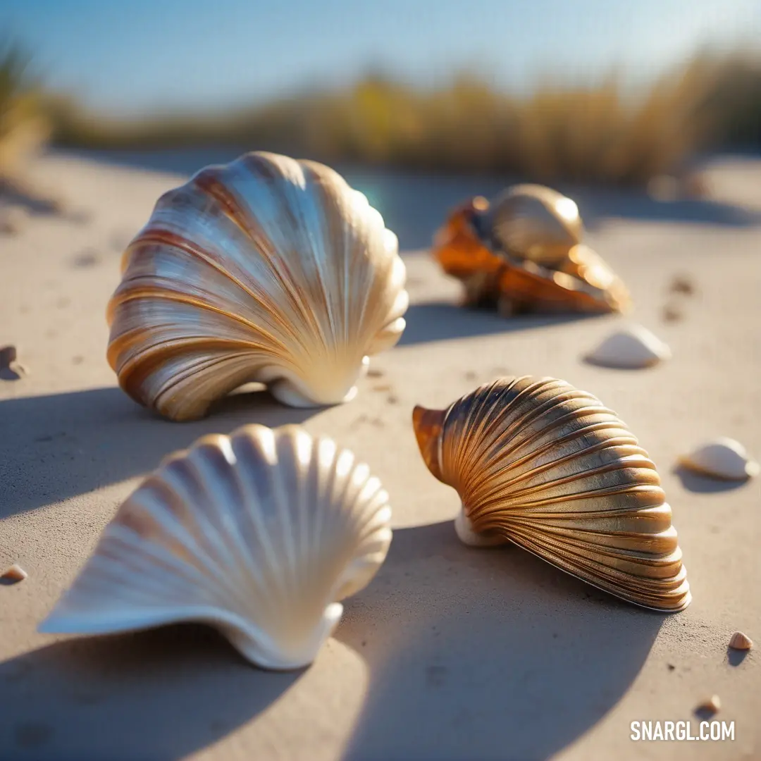 Group of seashells on a sandy beach with a blue sky in the background