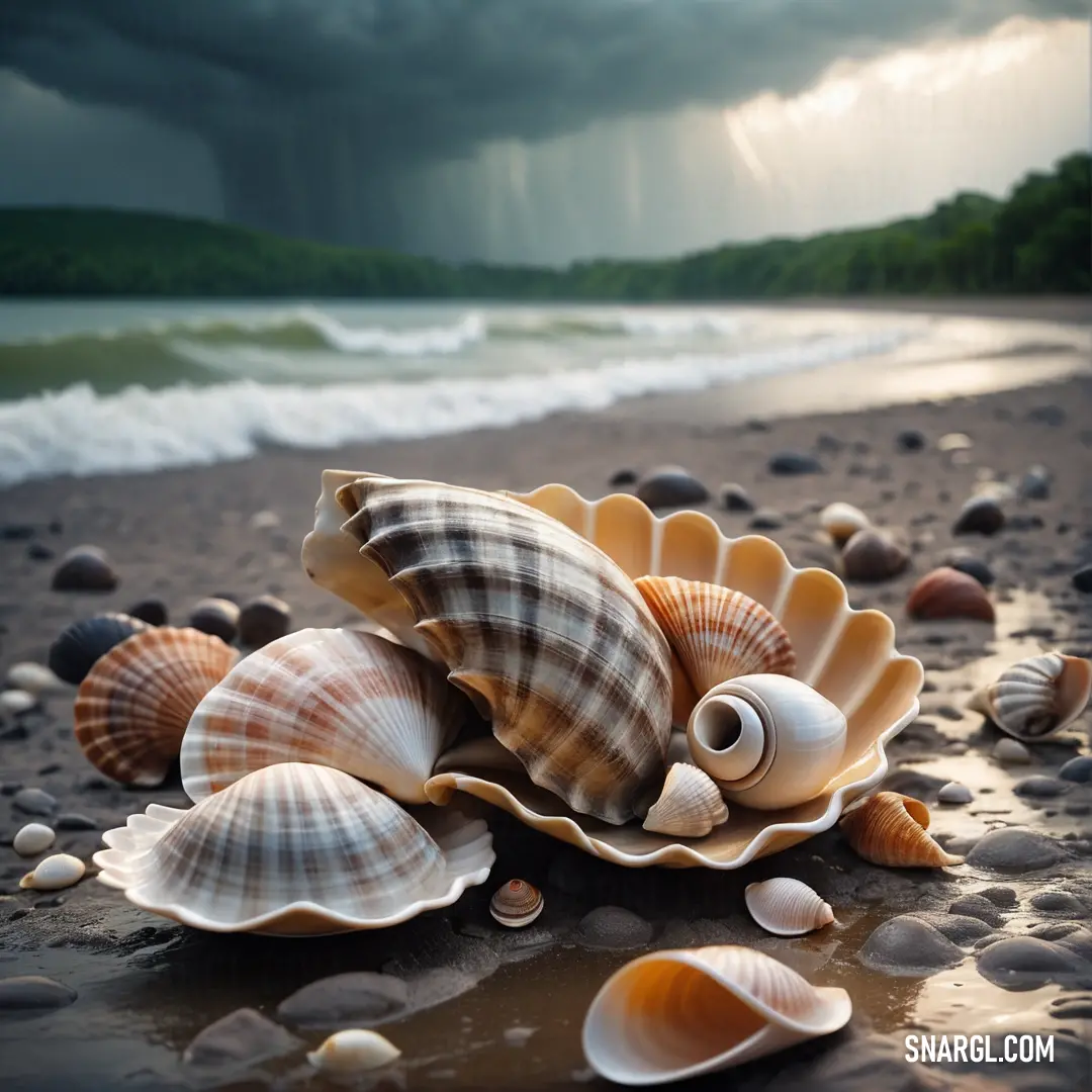 Sea shell with a face on it on a beach with waves crashing in the background