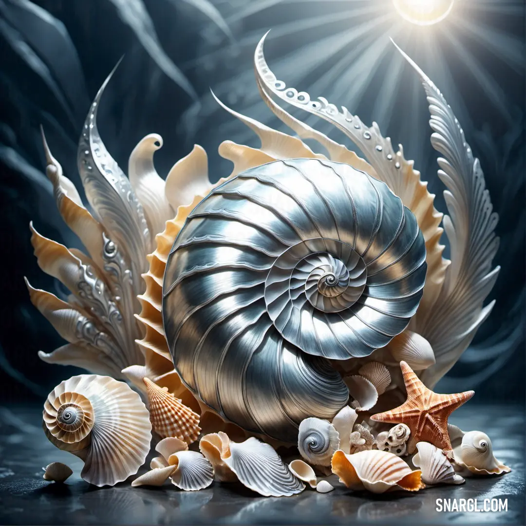 Seashell with a starfish and shells on a blue background