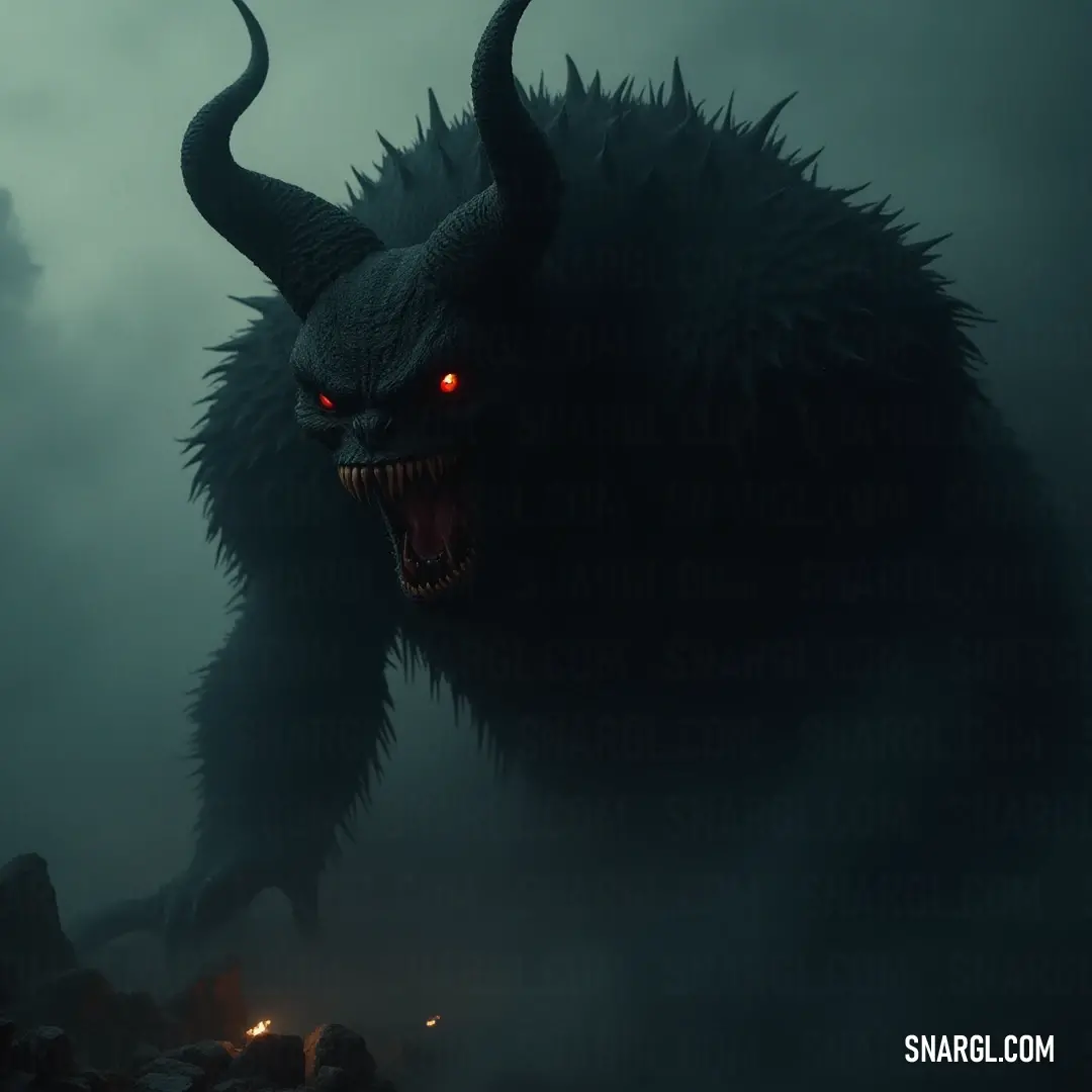 A fearsome Chernobog lurks in a dark and foggy forest, its piercing red eyes and jagged teeth sending shivers down the spine, cloaked in an eerie, supernatural ambiance. In a fog-laden forest, a menacing Chernobog reveals its sharp teeth and glowing red eyes, capturing the essence of dread as it emerges from the shadows, surrounded by the flickering light of a distant fire.