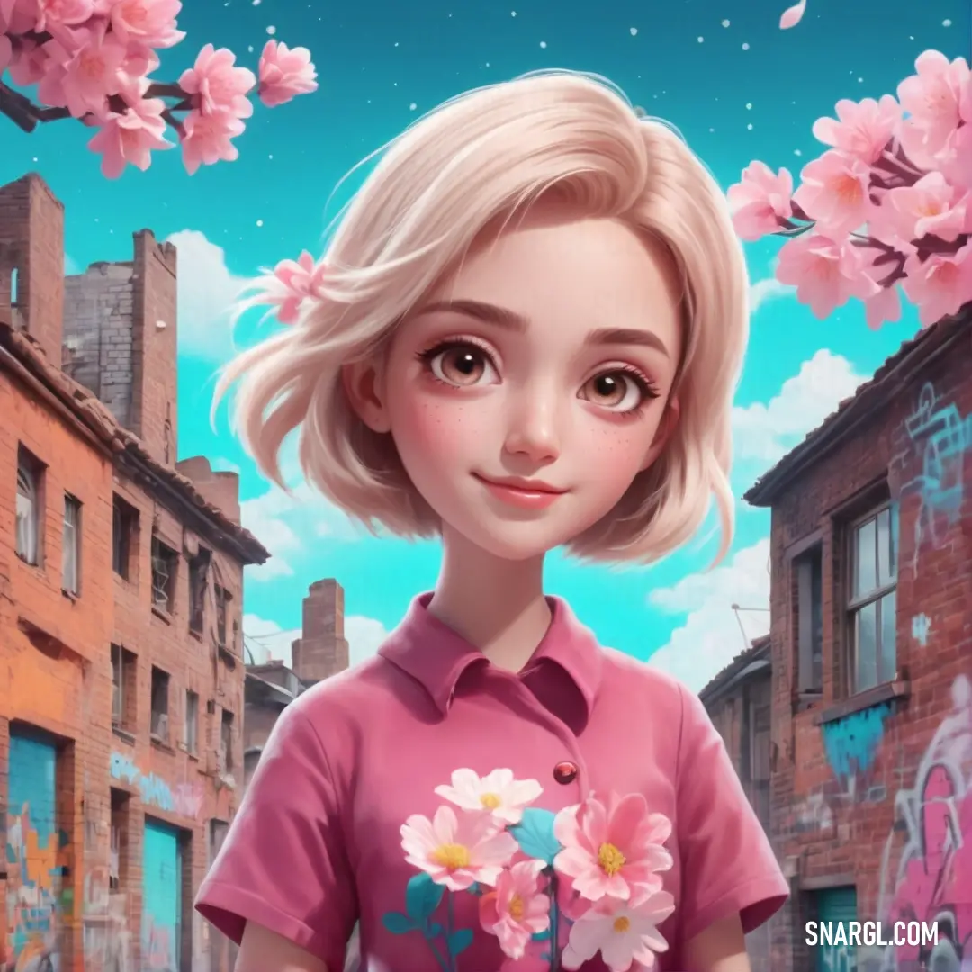 Girl with blonde hair and pink shirt standing in front of a wall with pink flowers on it and a blue sky. Color #FFB7C5.