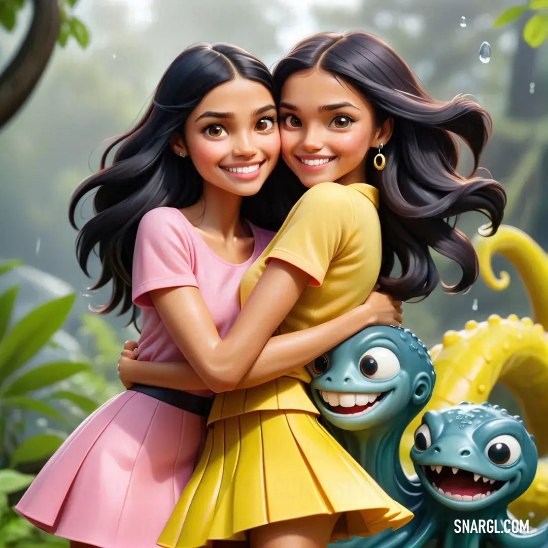 Two girls hugging each other in front of a cartoon scene of a monster and a girl with a yellow dress. Example of RGB 255,183,197 color.