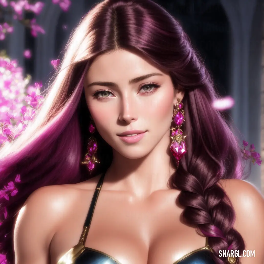 Digital painting of a woman with long hair and purple hair wearing a bra top and earrings with pink flowers in the background