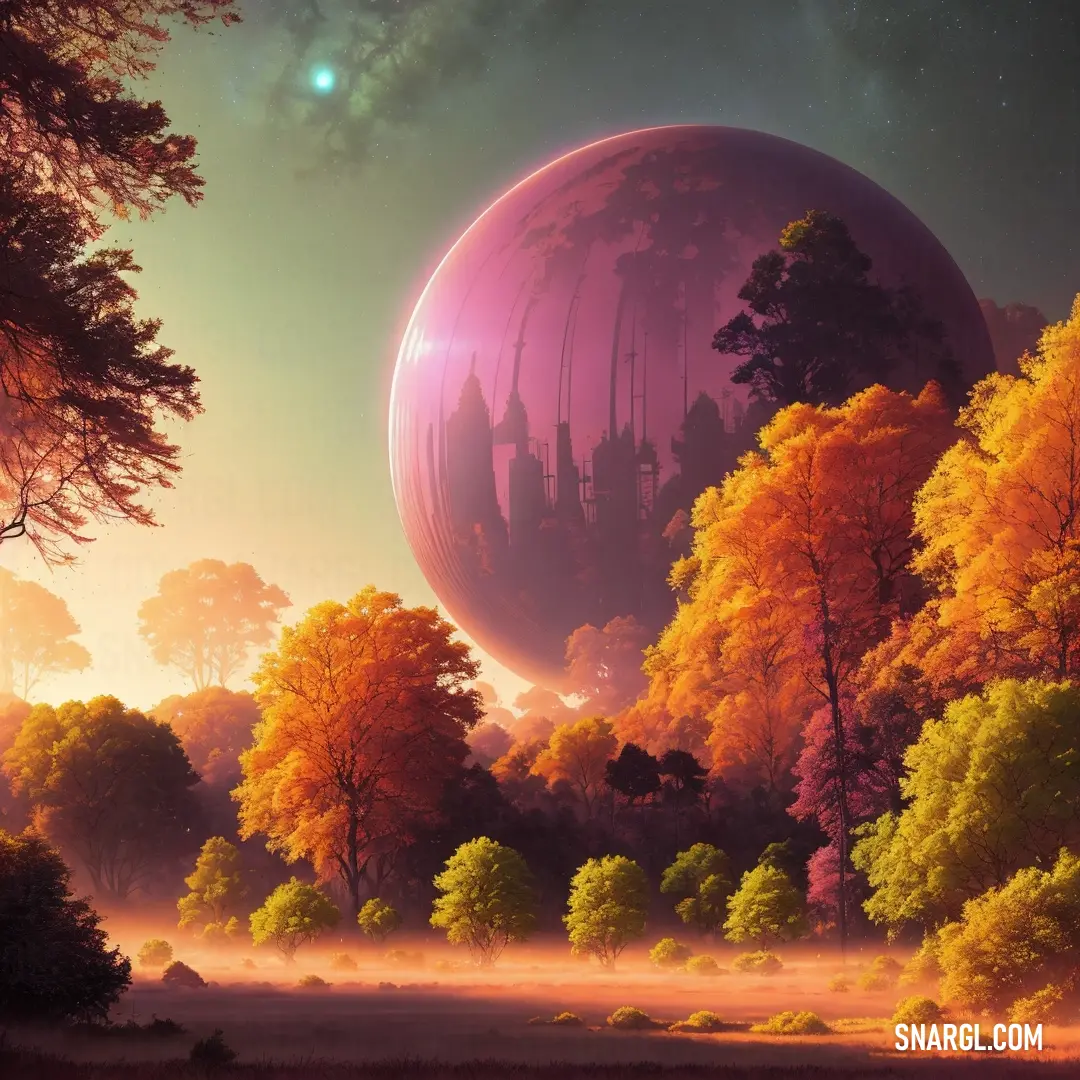 Painting of a futuristic landscape with a giant pink object in the middle of the picture and trees in the foreground