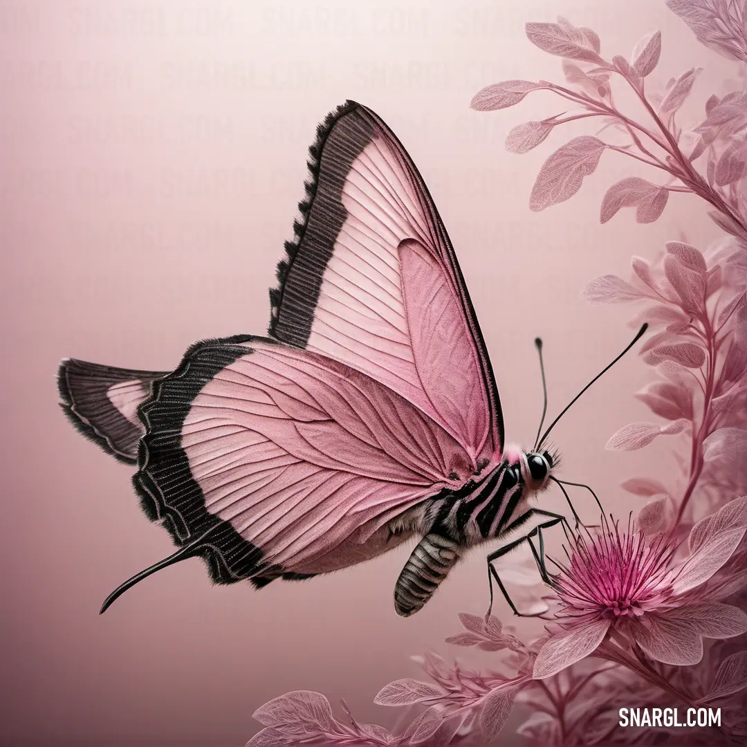 Cherry blossom pink color example: Pink butterfly flying over a pink flower with leaves and flowers around it on a pink background