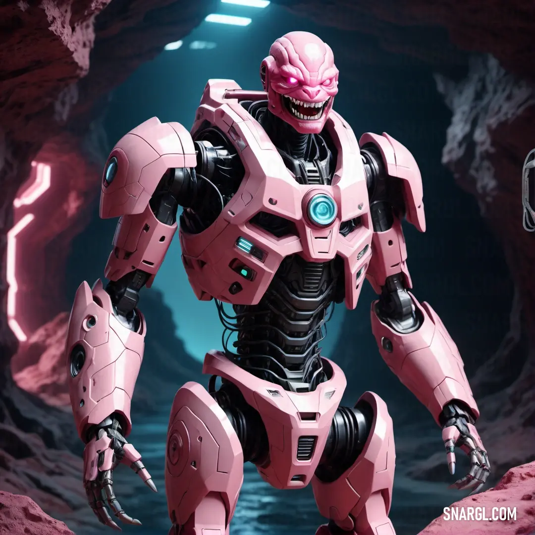 Pink robot standing in a cave with a light on it's face and a pink helmet on