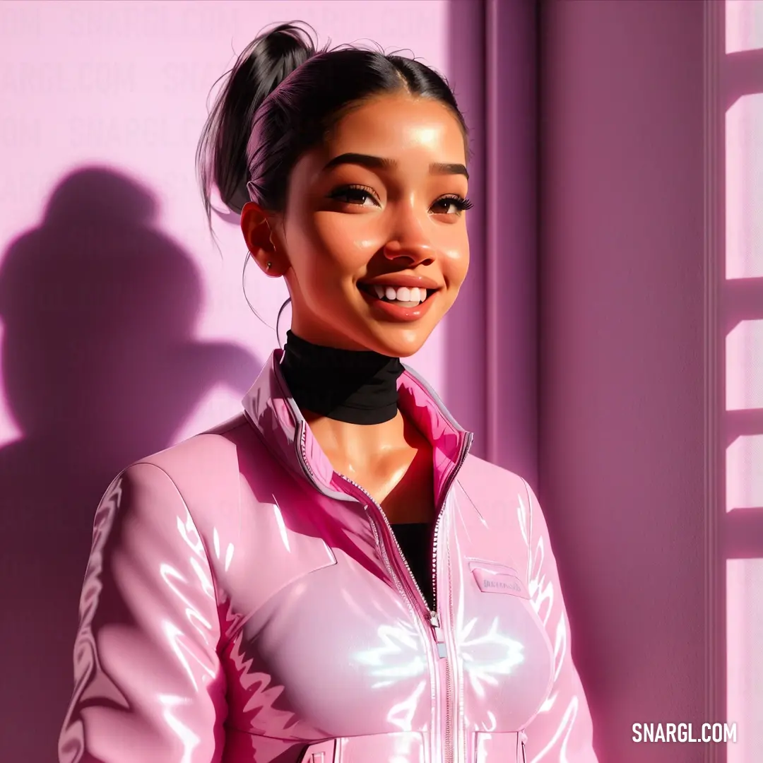Woman in a pink jacket and a black choker smiles at the camera while standing in front of a pink wall