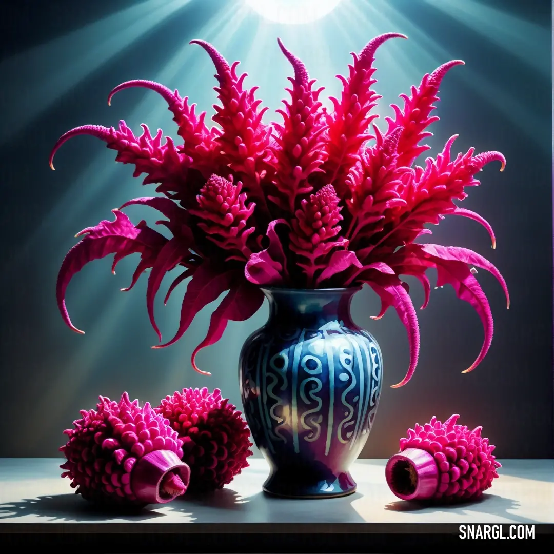 Vase with pink flowers and a pair of pink balls in front of it on a table with a light shining on the background