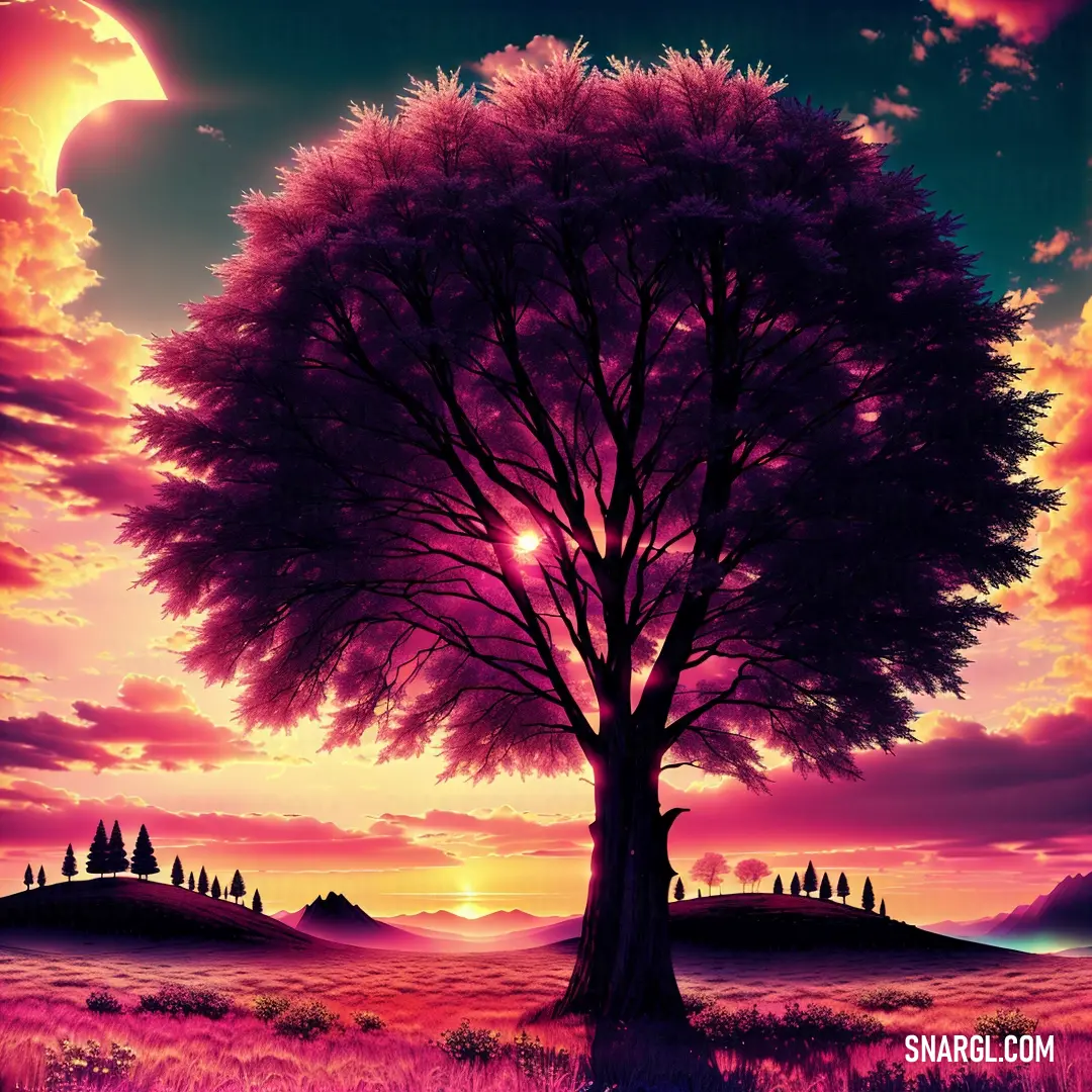 Painting of a tree with a sunset in the background and a purple sky with clouds