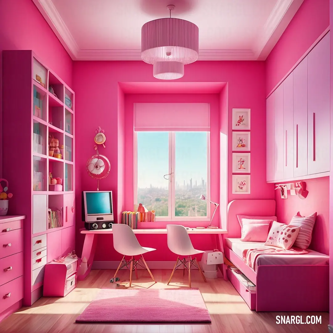 Pink room with a desk and a chair and a window with a view of the city outside the window. Color CMYK 0,78,55,13.