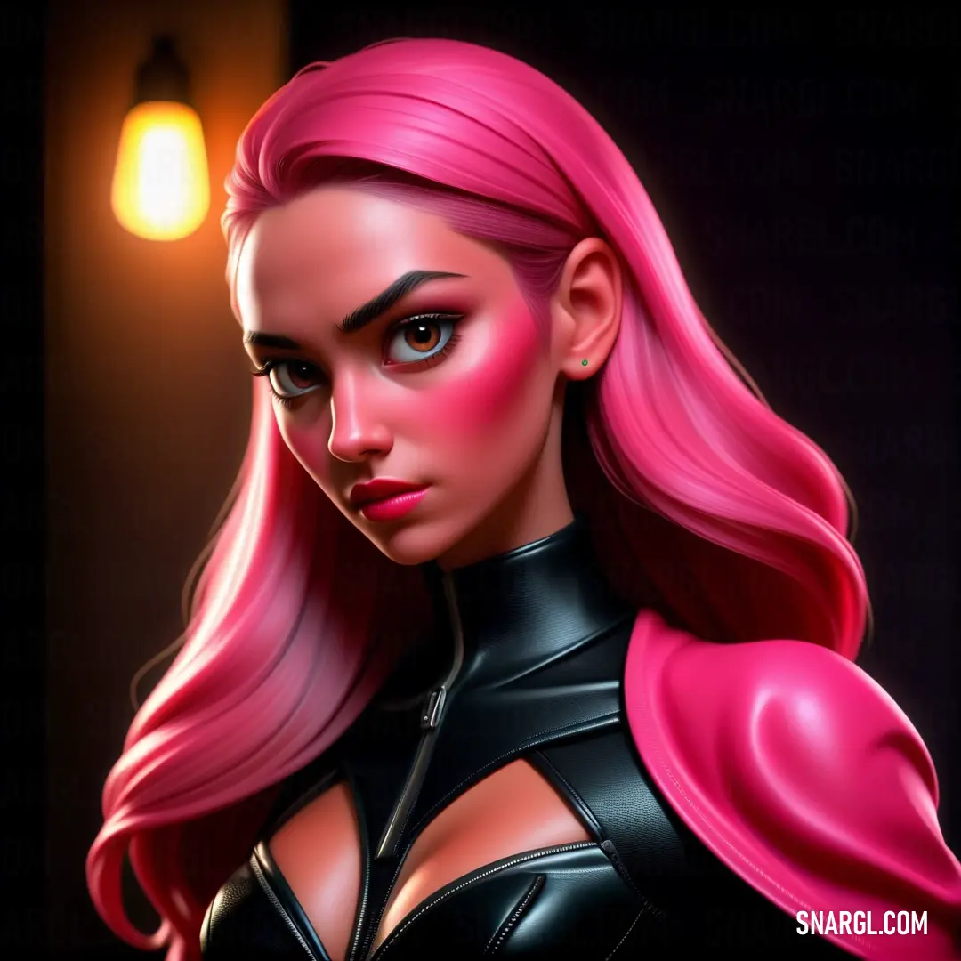 Cherry color. Woman with pink hair and a black top is wearing a black leather outfit and a pink hair and a light bulb