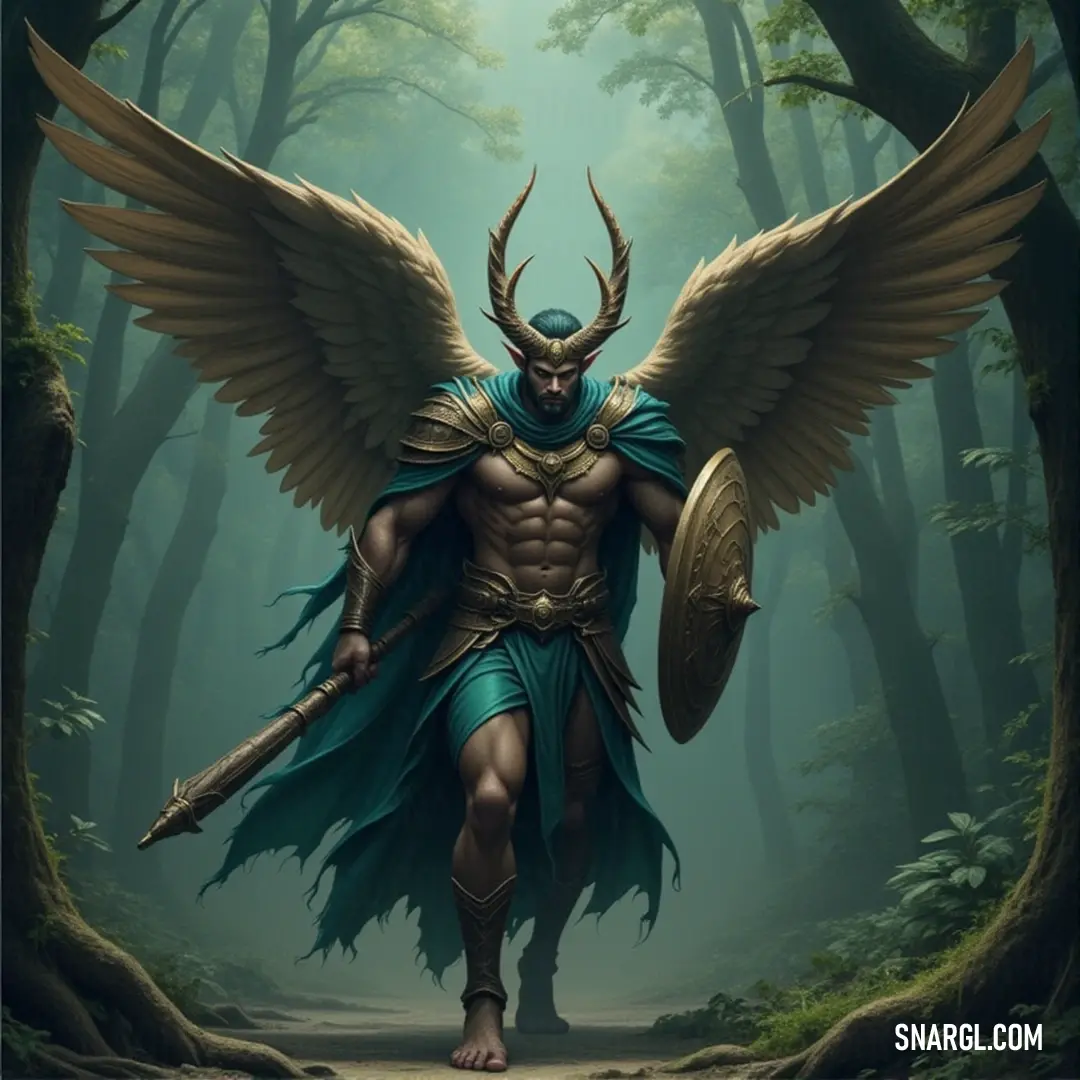 A cherubim with a horned head and angelic wings holds a sword as it stands in a mystical forest, surrounded by ancient trees and rocks, emanating both divine strength and otherworldly beauty. A cherubim of the angelic choir, its horned head a striking contrast to its celestial wings, holds a gleaming sword, standing amidst a forest with trees and rocks, a protector of the natural realm.