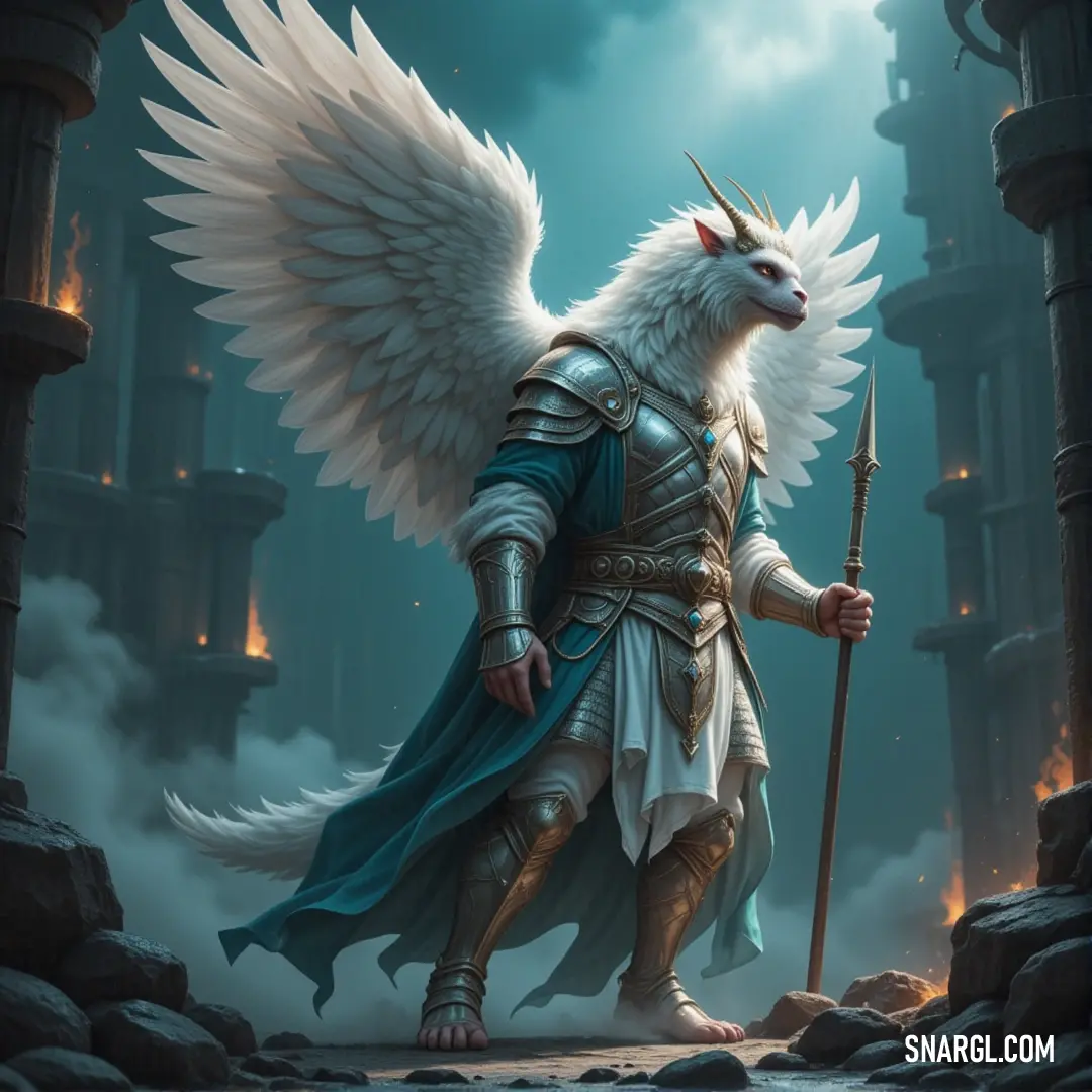 A white cherubim of celestial harmony stands poised in a fantasy world, holding a sword and surrounded by the peace of its radiant wings, with a grand castle looming in the distance. A white cherubim of celestial harmony, sword in hand, stands in a breathtaking fantasy landscape, its wings shimmering with purity, while a majestic castle rises in the distance under a clear, radiant sky.