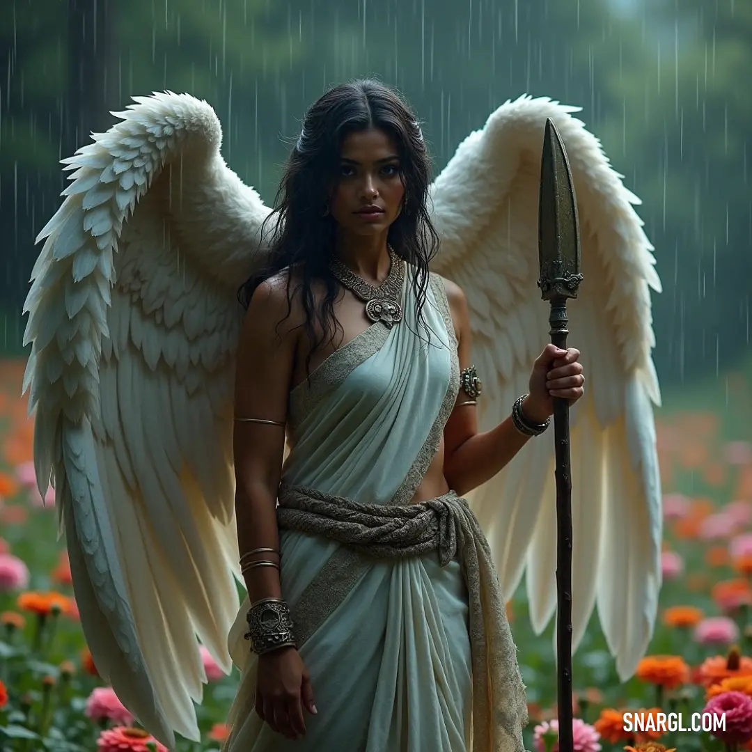 A celestial cherub of light wielding a spear and staff in a lively flower-filled field. A radiant cherub, illuminated by divine light, showcases angelic wings while grasping a spear and a staff delicately amidst a vibrant field brimming with colorful flowers swaying gently in the breeze.