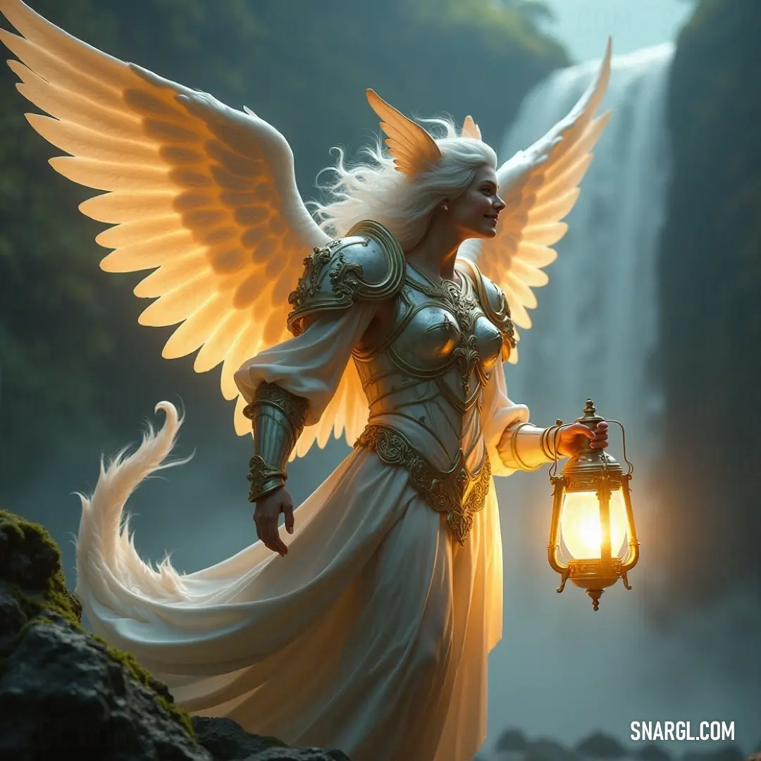 Cherubim of Divine Light holds a radiant lantern and a bird, casting tranquil illumination by a magnificent waterfall. A Cherubim of Divine Light gently cradles a lantern, illuminating the night, with a serene bird perched on her arm, as a tranquil waterfall cascades in the background.