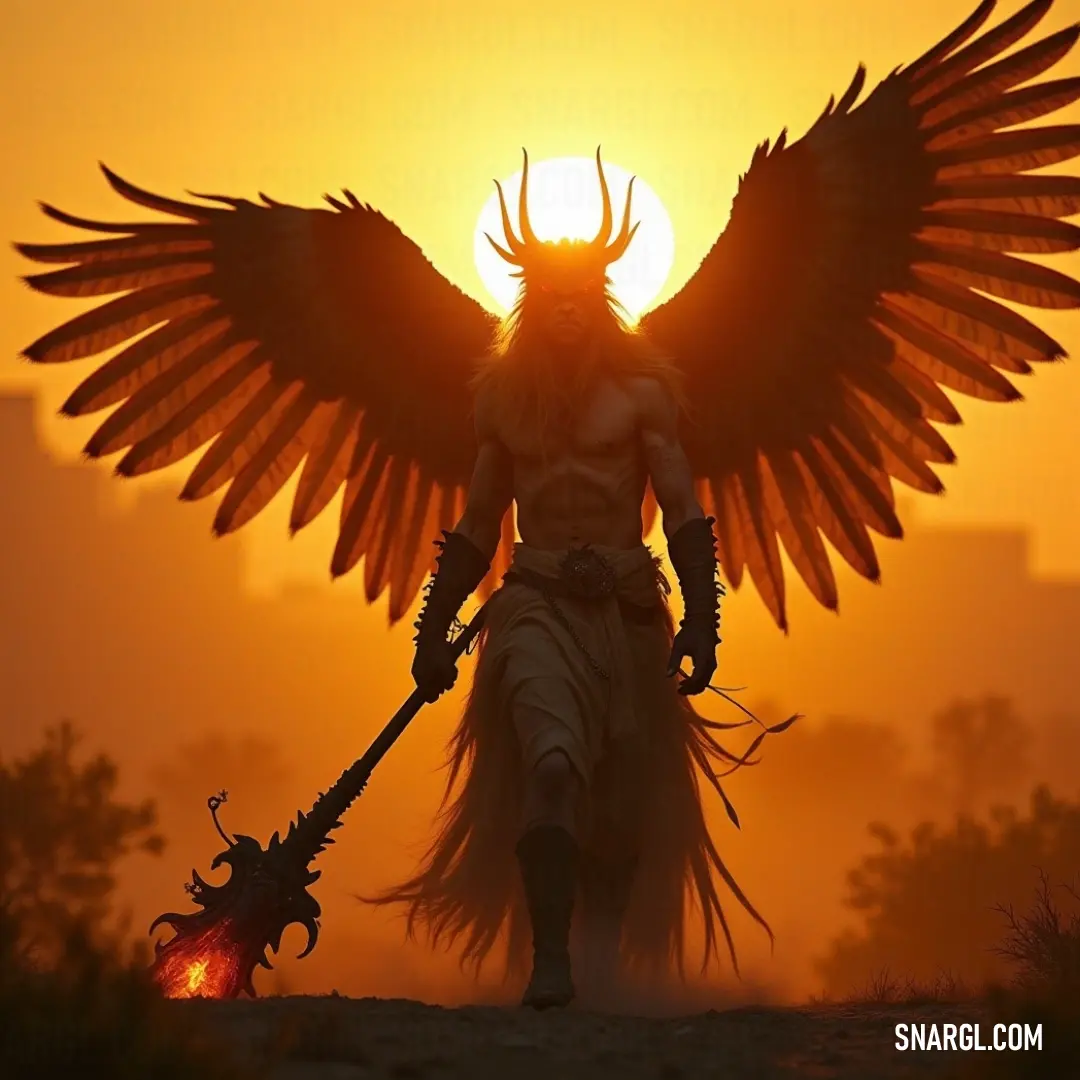 A mighty cherub with wings of fire, holding a sword and flame in its hands. A divine cherub with a large, bird-like body, holding a sword in one hand and a flame in the other. It stands tall, exuding an air of power and protection in an otherworldly scene.