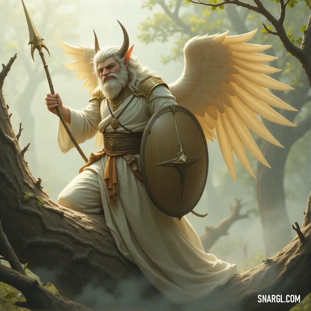 A divine cherubim of eternal grace stands on a tree branch, armed with a sword and shield, its angelic wings glowing while a fierce, demon-like face watches over from its back. A majestic cherubim of eternal grace perched on a tree branch, holding a sword and shield, with elegant wings spread wide and a demon-like face on its back, exuding an aura of mystery and power.