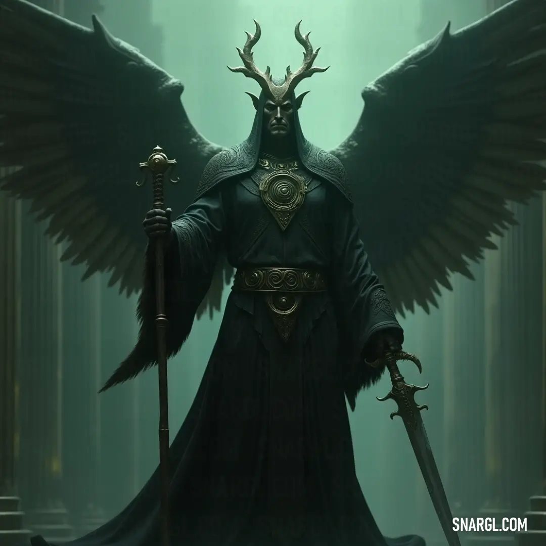 A horned Cherubim of Eternal Harmony holds a sword, its wings spread wide in a divine, powerful display of strength and grace. A divine Cherubim of Eternal Harmony stands with wings outstretched, holding a gleaming sword. Its horned head adds an intimidating presence, while its form exudes both power and serenity.