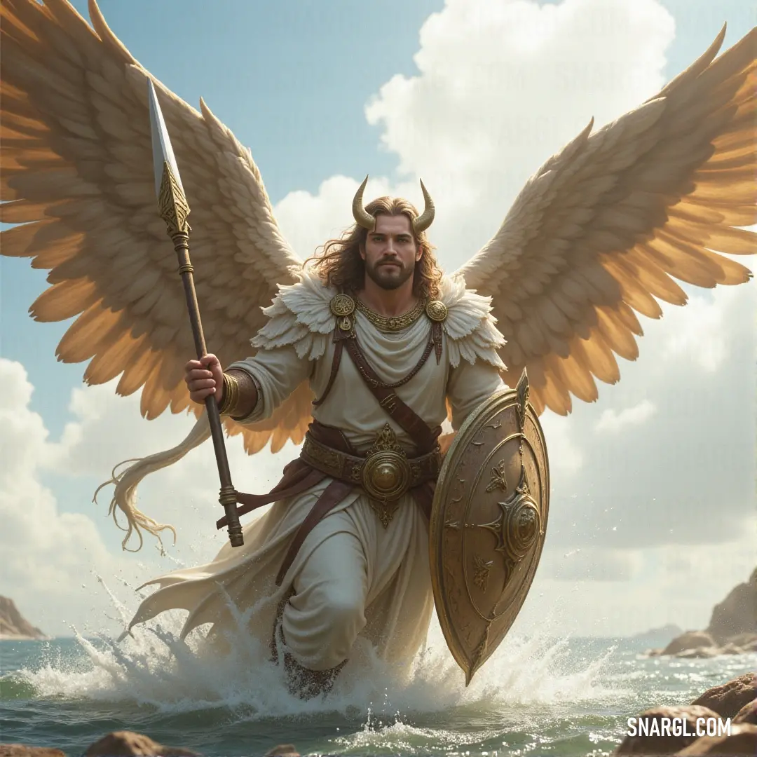 The Cherubim of Eternal Harmony, wings spread, stands in peaceful waters with a sword, symbolizing the delicate balance of peace and strength. A serene Cherubim of Eternal Harmony stands in tranquil water, a sword held firmly in hand. Their wings are spread wide, symbolizing peace, while the water reflects their presence in a scene of otherworldly calm.