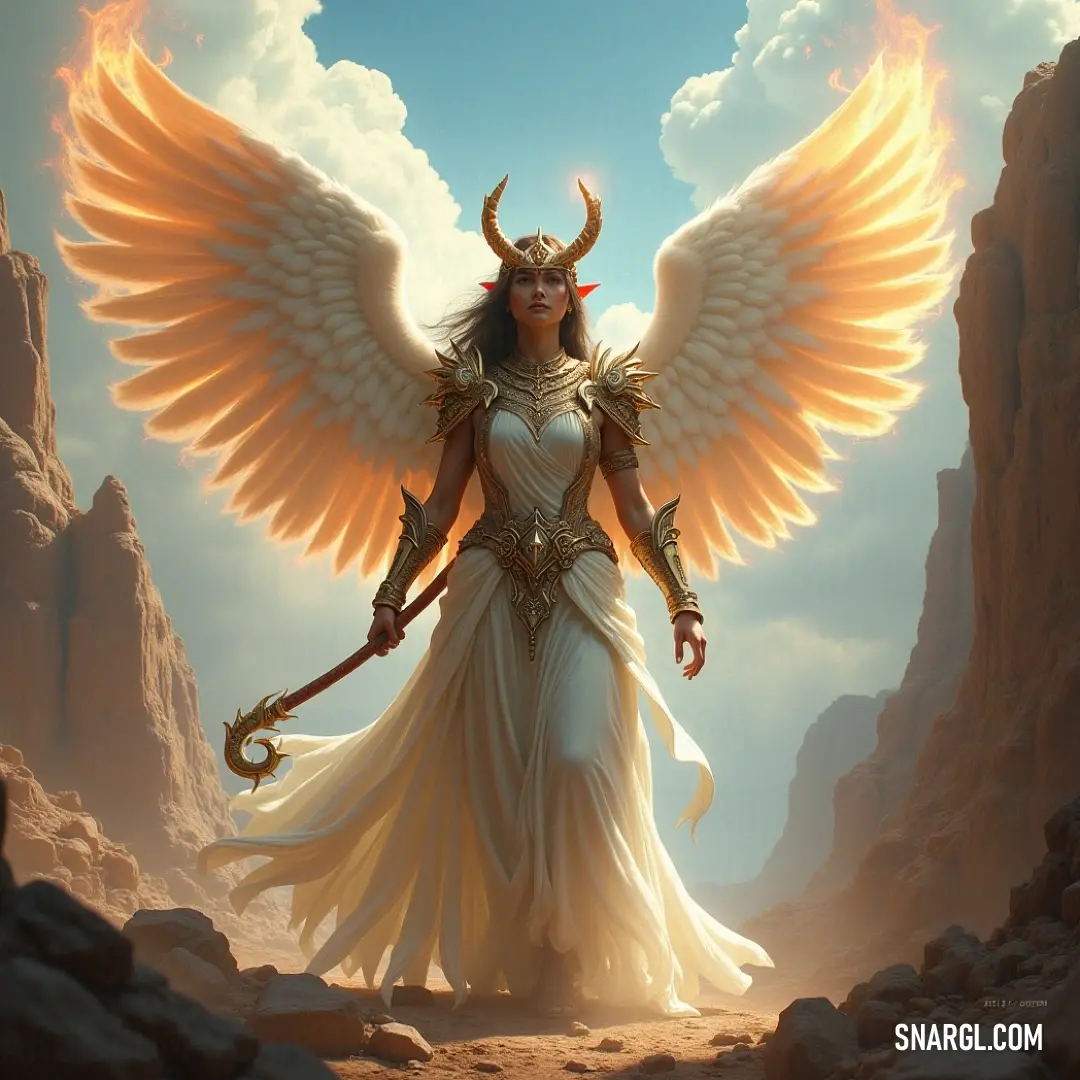 Cherubim of Fire: A bold figure wielding a sword in a rugged desert setting The fierce Cherubim of Fire, its wings ablaze and hand gripping a shining sword, appears resolute in a barren desert, surrounded by rugged rocks that echo tales of adventure. The landscape radiates warmth as its fiery spirit lights the way forward.