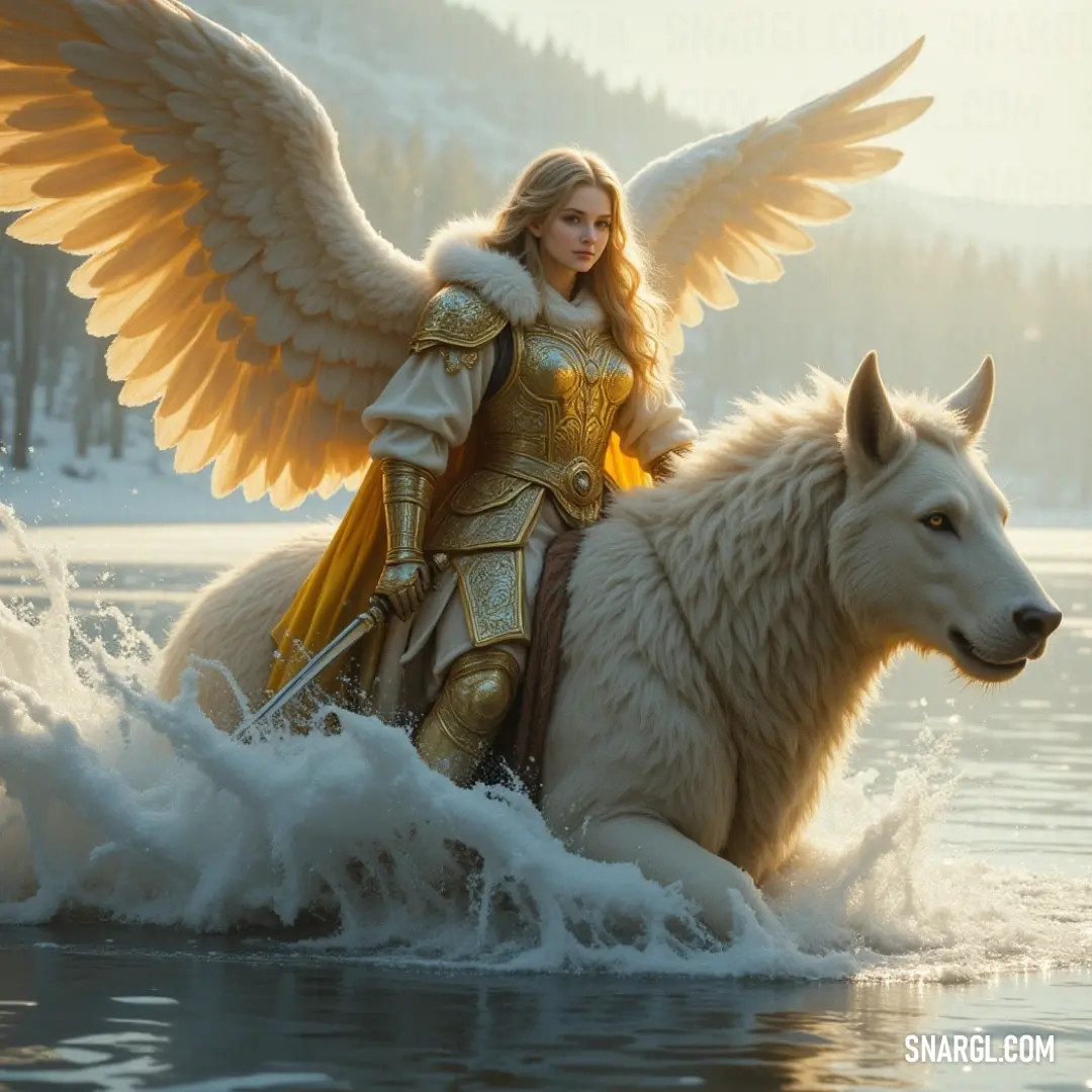 The Cherub of Harmony, perched upon a noble white wolf, showcases the beauty of unity as they traverse sparkling waters, symbolizing the harmony between nature and divine essence. The Cherub of Harmony, riding regally on a majestic white wolf, glides gracefully through shimmering waters with wings elegantly outstretched, embodying the essence of balance between nature and spirit.