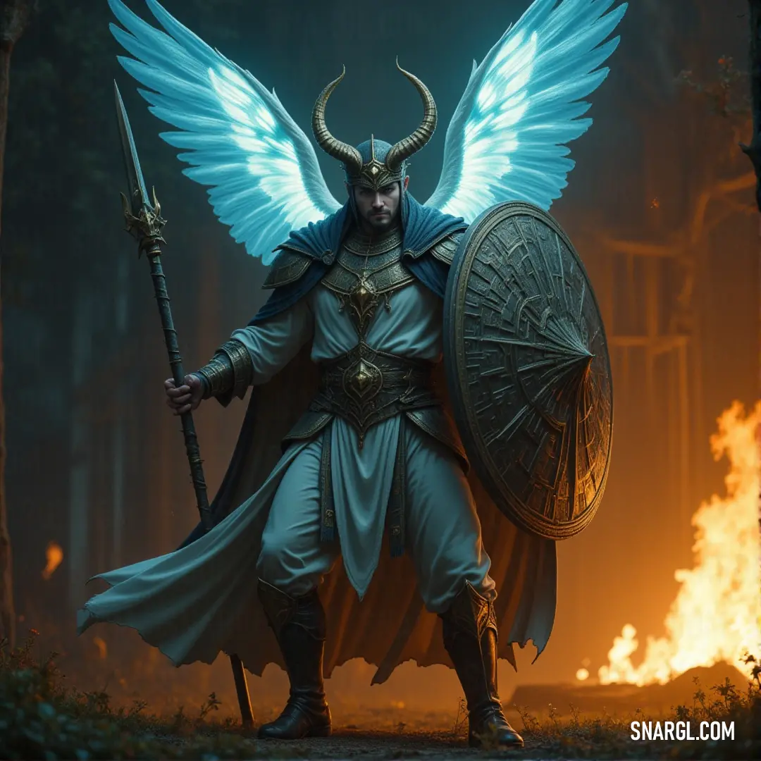 A cherubim from the higher realms, armed with sword and shield, stands tall, its wings extended and horned head casting a commanding presence as it prepares to face any challenge. A cherubim from the higher realms, dressed in ethereal armor, stands proudly with a sword and shield, wings unfurled, its horned face a striking blend of elegance and fierceness, ready for battle.
