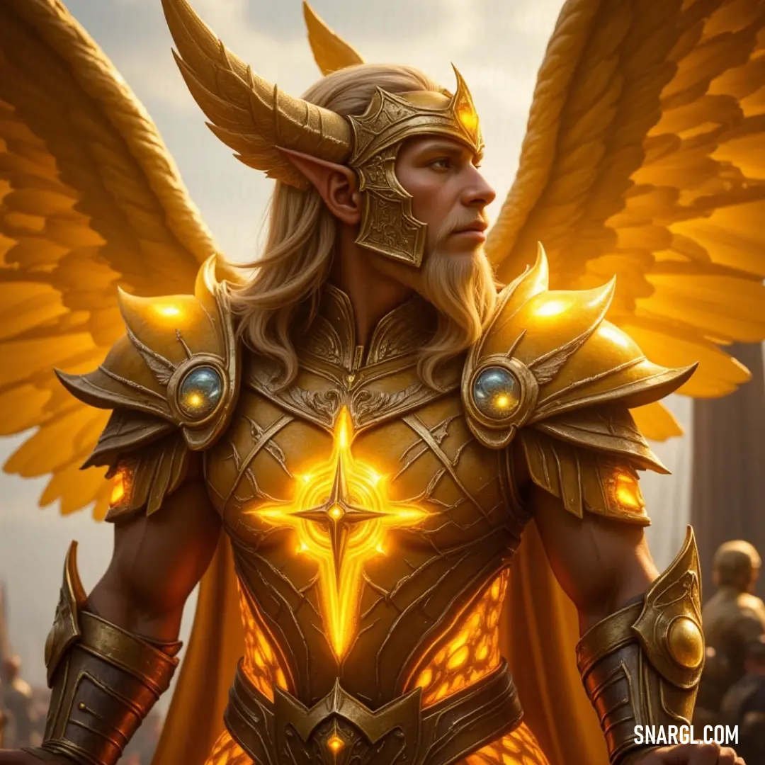 A dazzling portrayal of the Cherubim of Holy Light showcases its golden armor and elegant wings, radiating brilliance and serving as a symbol of hope amidst a tapestry of heavenly mysteries. An extraordinary Cherubim of Holy Light dons resplendent golden armor, complete with magnificent wings, standing confidently as a luminous figure against a backdrop filled with celestial wonder.