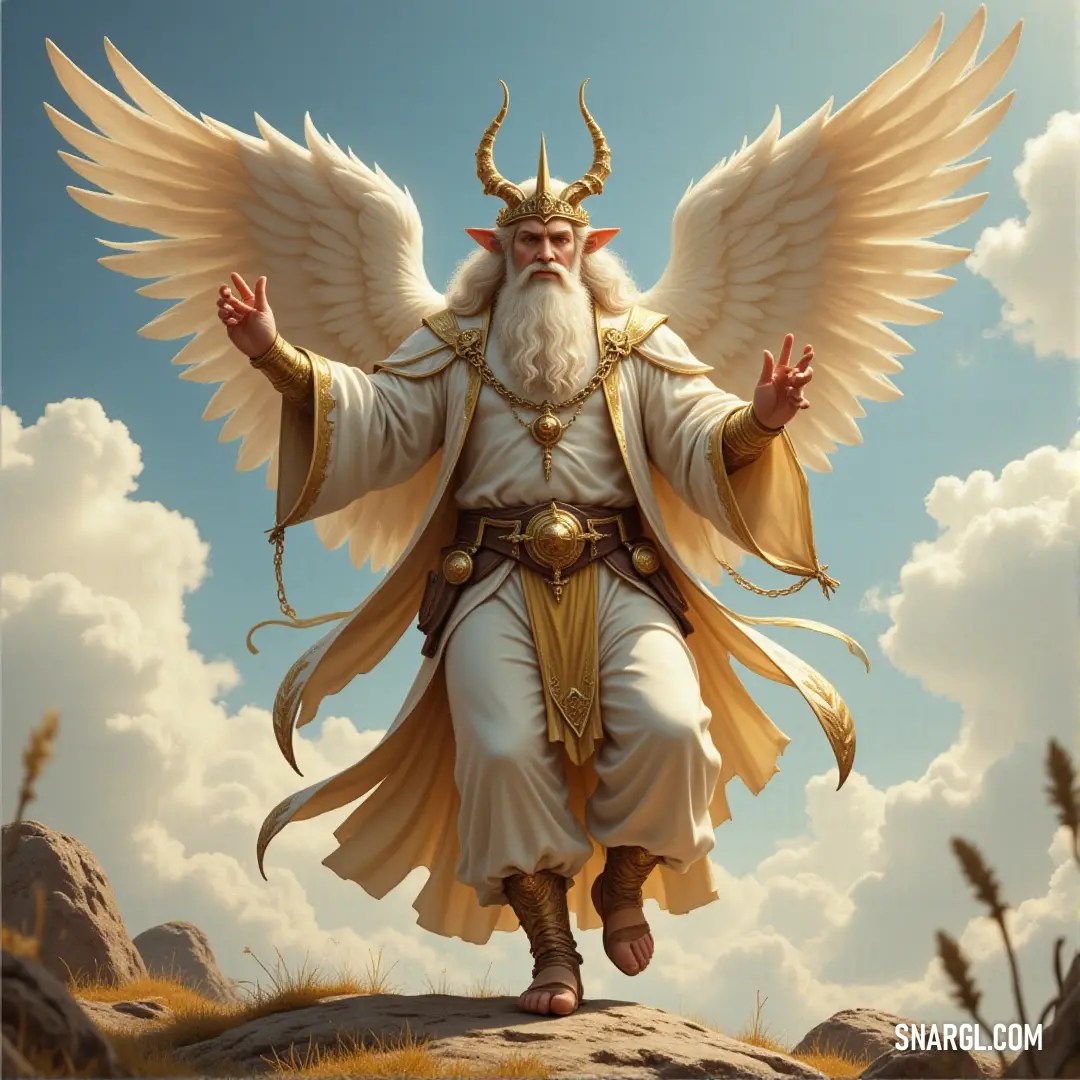 A cherubim of purity and grace, its face adorned with a peaceful beard and wings on its head, stands with arms outstretched, embodying peace and serenity in a moment of divine harmony. A cherubim of purity and grace, with a gentle beard and wings on its head, stands with arms outstretched in an embrace of peace and divine harmony, radiating a calm, serene presence.