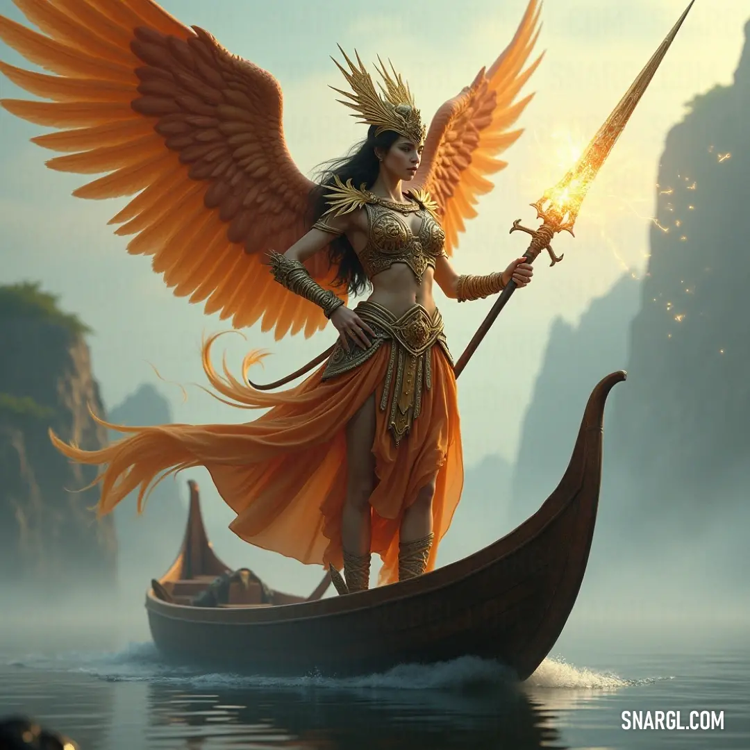 The valiant Cherubim of Sacred Harmony commands her small boat with grace, her wings outstretched and sword at the ready, symbolizing protection and brave navigation through life's turbulent waters. A courageous Cherubim of Sacred Harmony sits confidently in a boat, her wings unfurled, reflecting the strength of her spirit as she wields a mighty sword, ready to navigate the waters of fate and protect her loved ones from darkness.