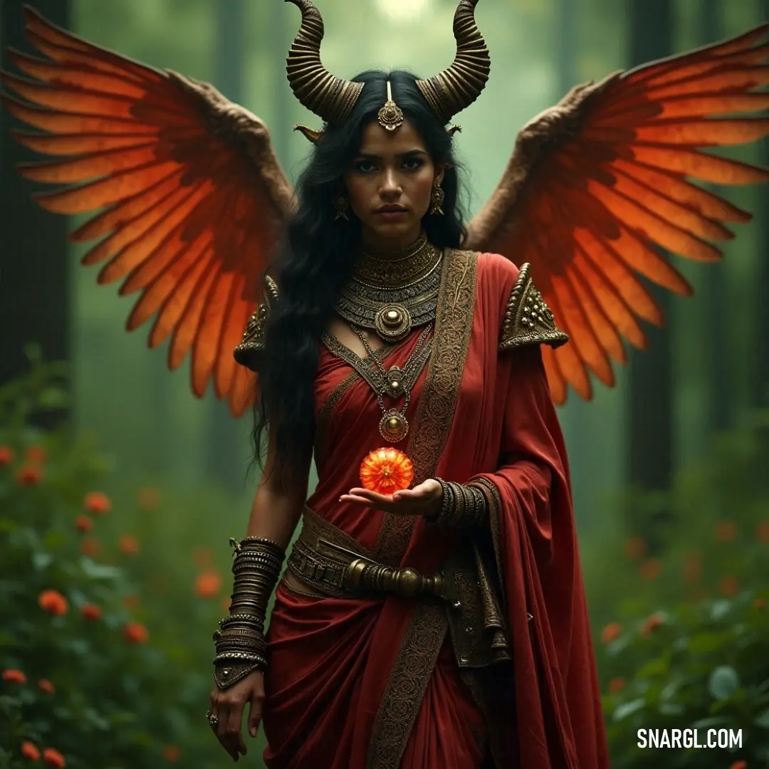 Cherub of Sanctity adorned in red with a bird companion Dressed in vibrant red, the Cherubim of Sanctity stands gracefully, a large bird perched on her shoulder. Her wings, adorned and majestic, evoke a sense of wonder amidst a backdrop of lush surroundings and gentle light.