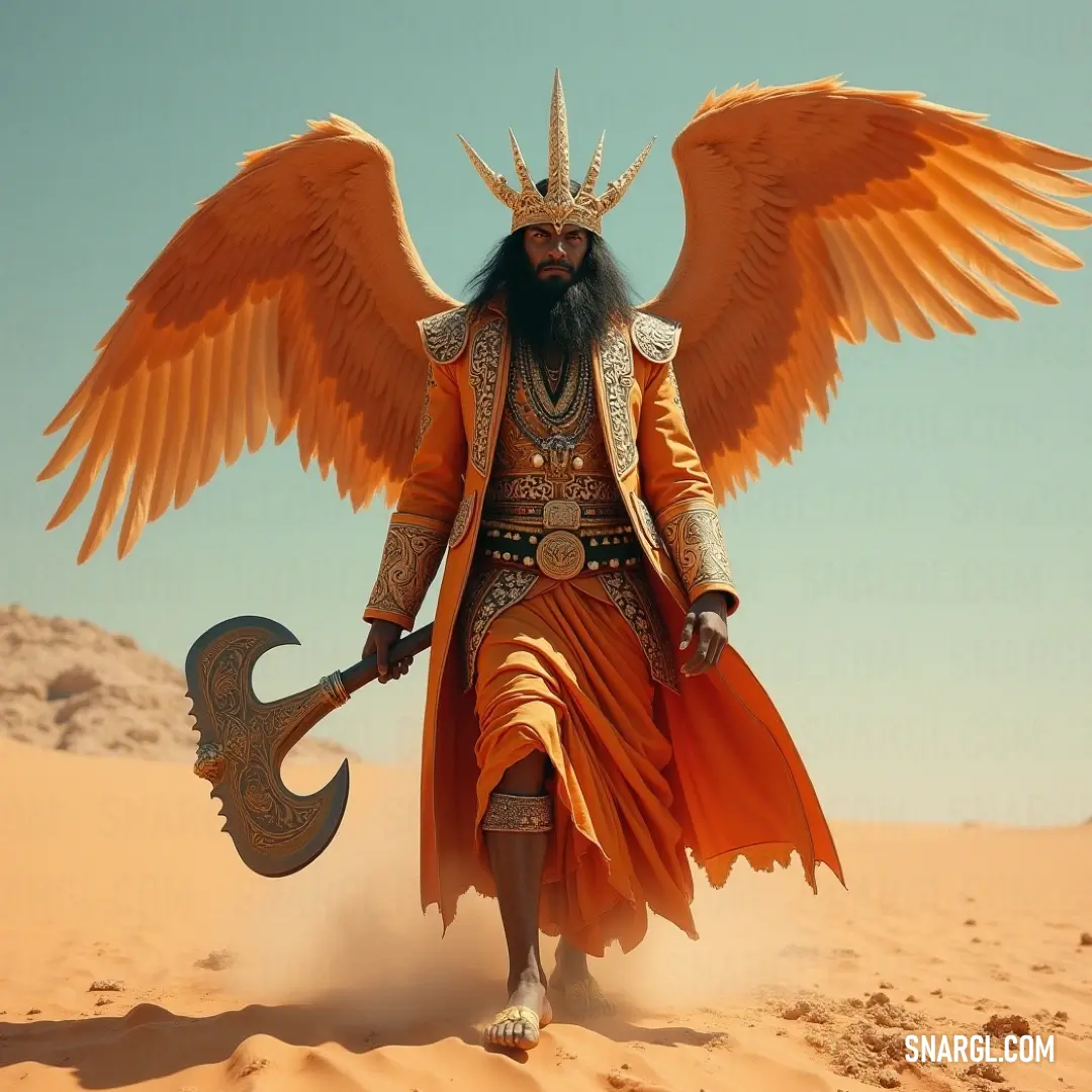 Regal cherub adorned with a golden crown holds a massive wrench in a vast desert, exuding an aura of power and authority beneath the bright azure sky. A regal cherub adorned with a golden crown grasps a massive wrench, rooted firmly in a sandy desert, invoking an aura of power and authority under the vast azure sky, surrounded by endless dunes.