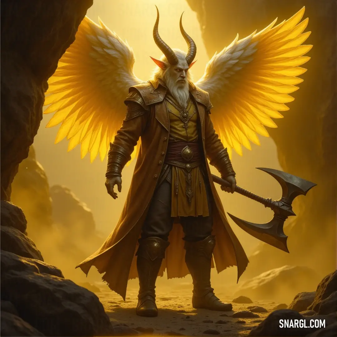 With a horned head and vibrant yellow wings, a cherubim of the empyrean wields a mighty axe, standing tall in a world of divine light, ready to conquer any adversary with strength and grace. A cherubim of the empyrean, with yellow wings and a horned face, holds a large battle axe, standing confidently in a world filled with celestial light, exuding the power of the divine realms.
