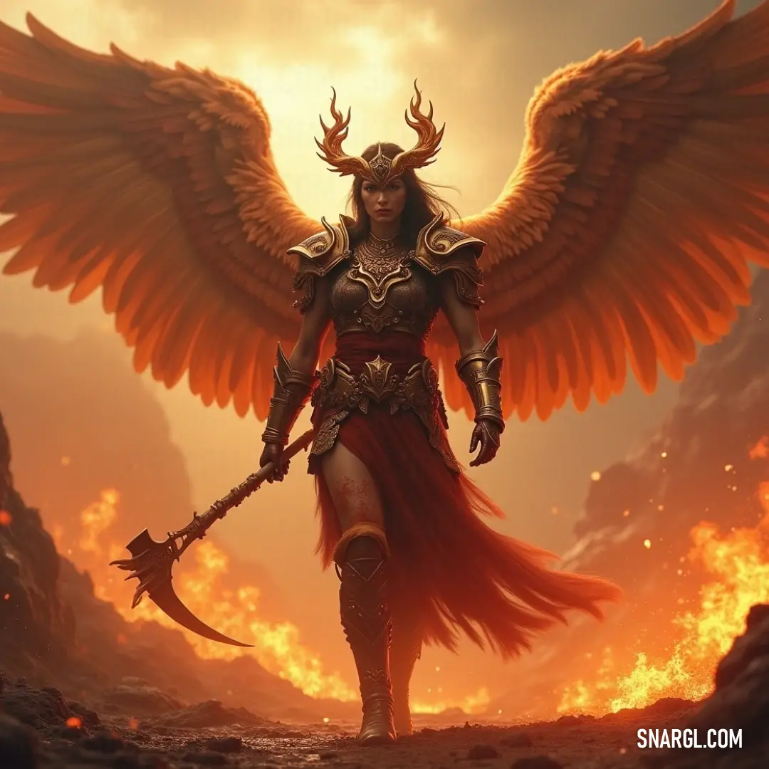The fierce Cherubim of the Sacred Flame commands the arid landscape, her wings fierce and vibrant while holding her glorious sword, alongside a colossal mythical bird that stands as her guardian and companion within the fiery backdrop of the desert. A powerful Cherubim of the Sacred Flame stands defiantly in a desert, her wings unfurled and sword at the ready, with flames dancing behind her, while a colossal mythical bird perches on her shoulder, symbolizing strength and companionship amidst chaos.