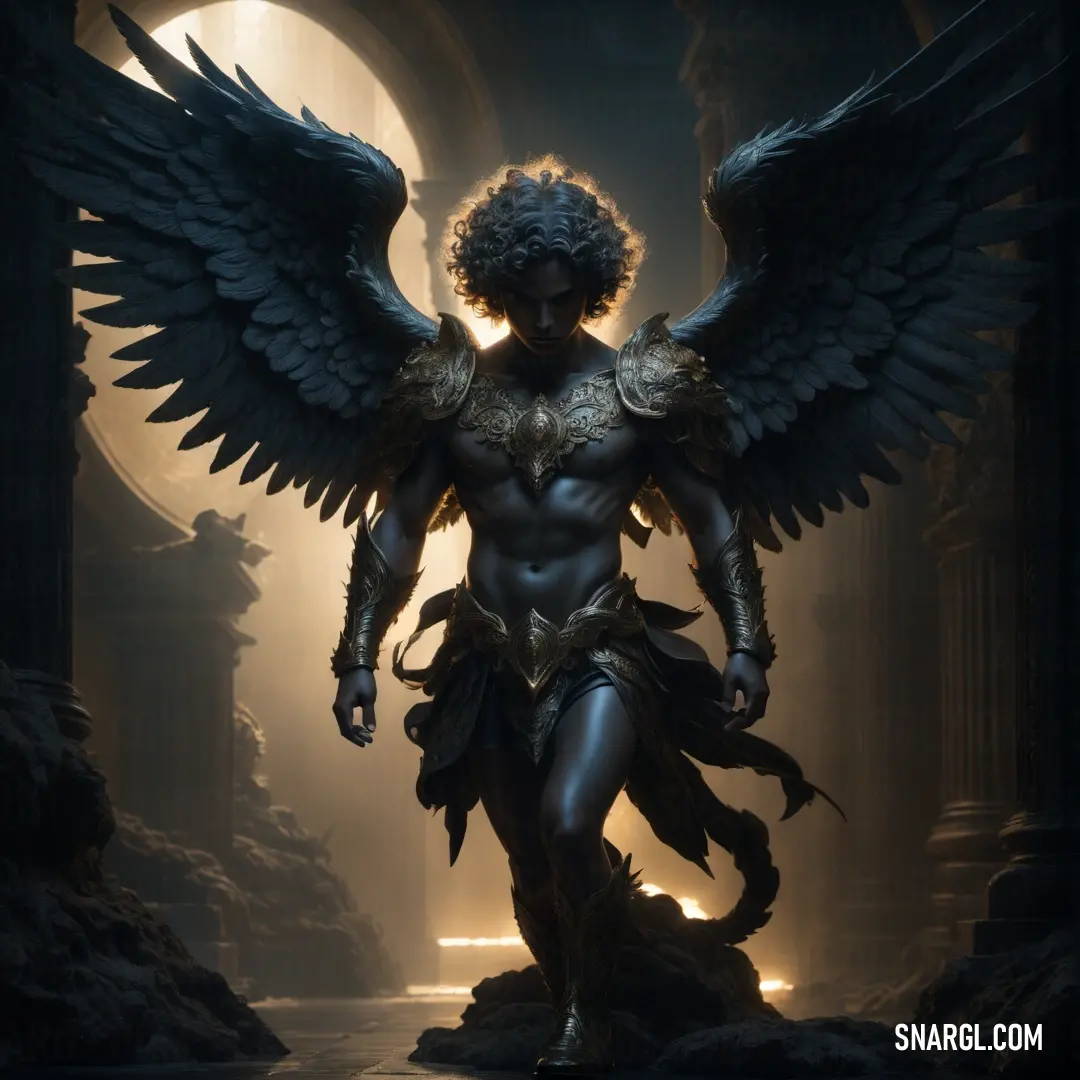 Cherubim with a huge angel like body and wings standing in a dark cave with a light shining through the window