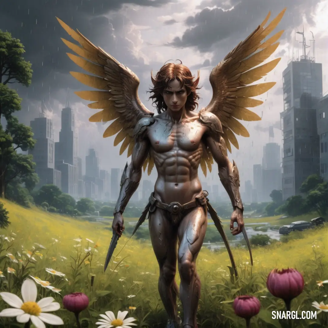 Cherubim with wings standing in a field of flowers with a city in the background and a rain shower