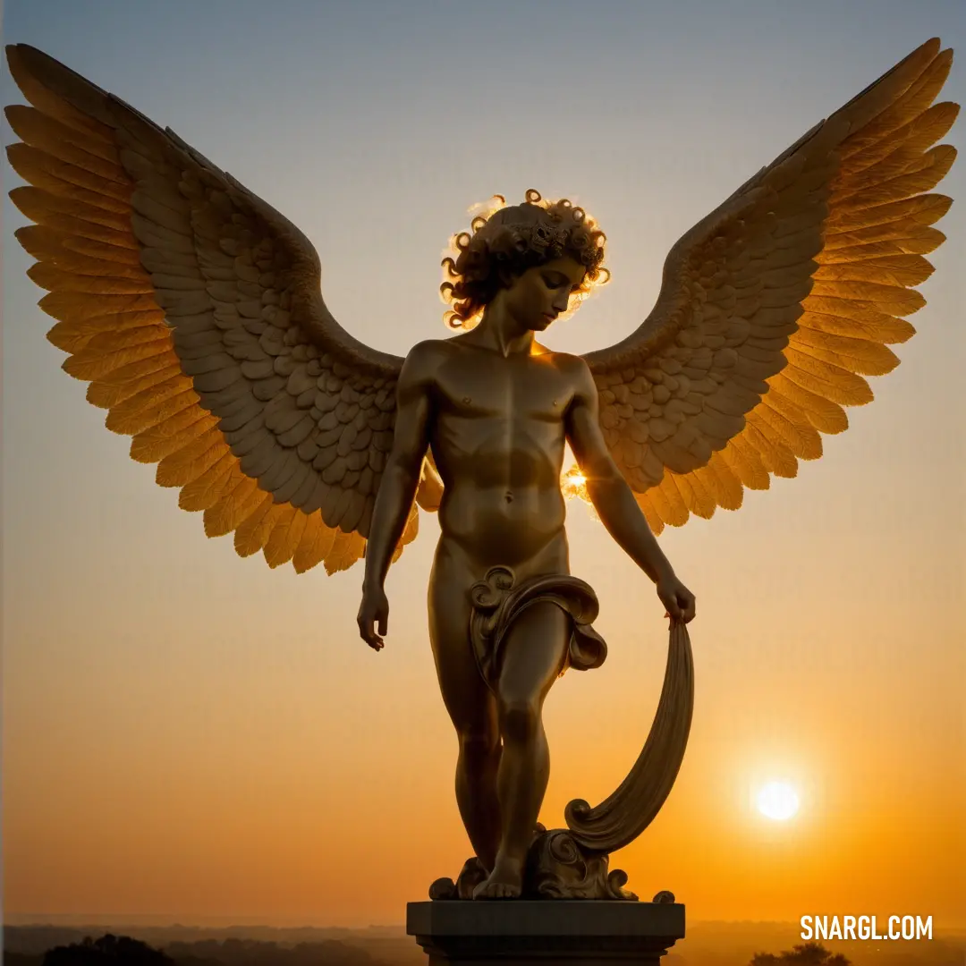 Statue of a male Cherubim with wings and a monkey on his back with the sun in the background and a sky with clouds