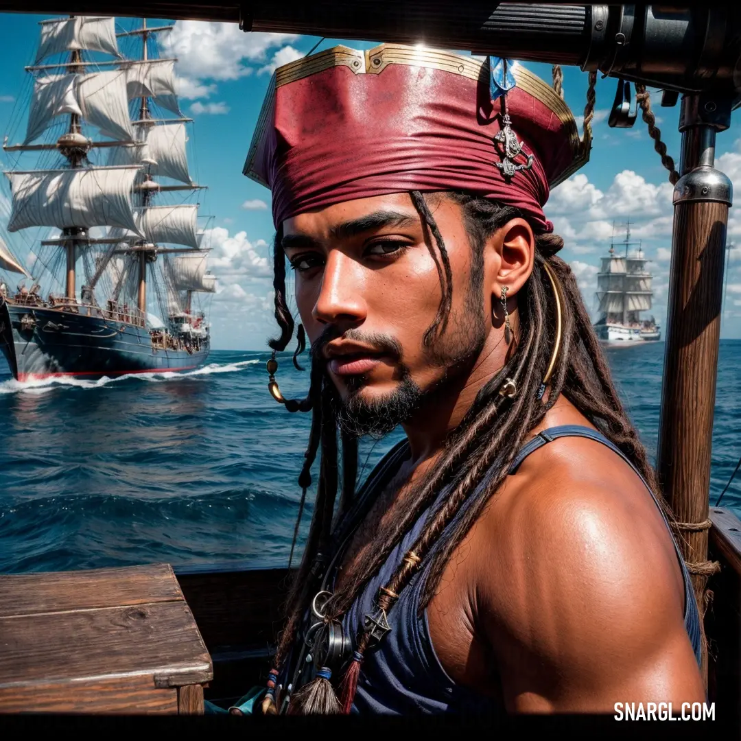Man with dreadlocks on a boat in the ocean with a pirate ship in the background. Example of #CD5C5C color.