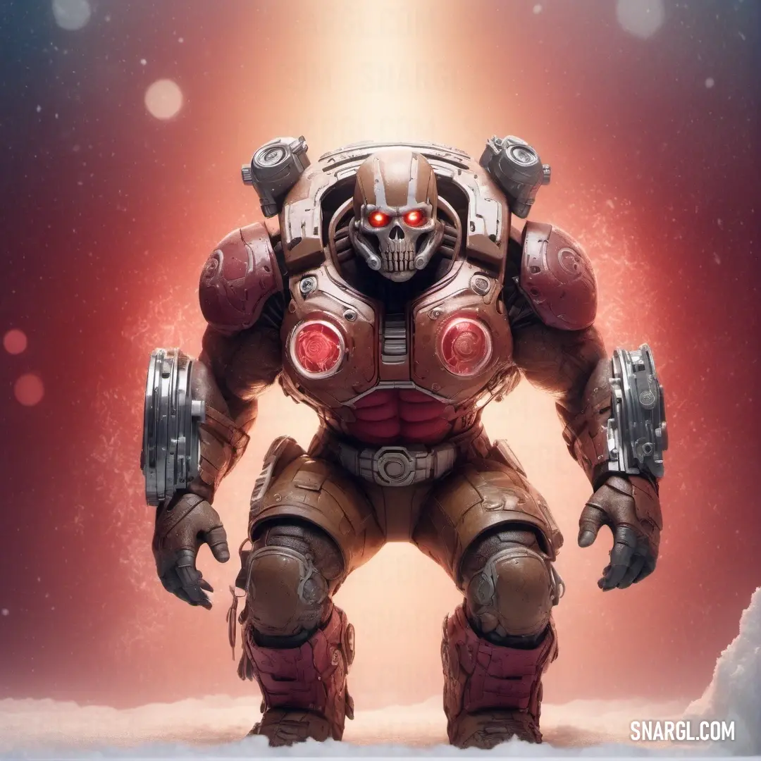 Chestnut color. Robot with a red light on his face and a red light on his chest, standing in the snow