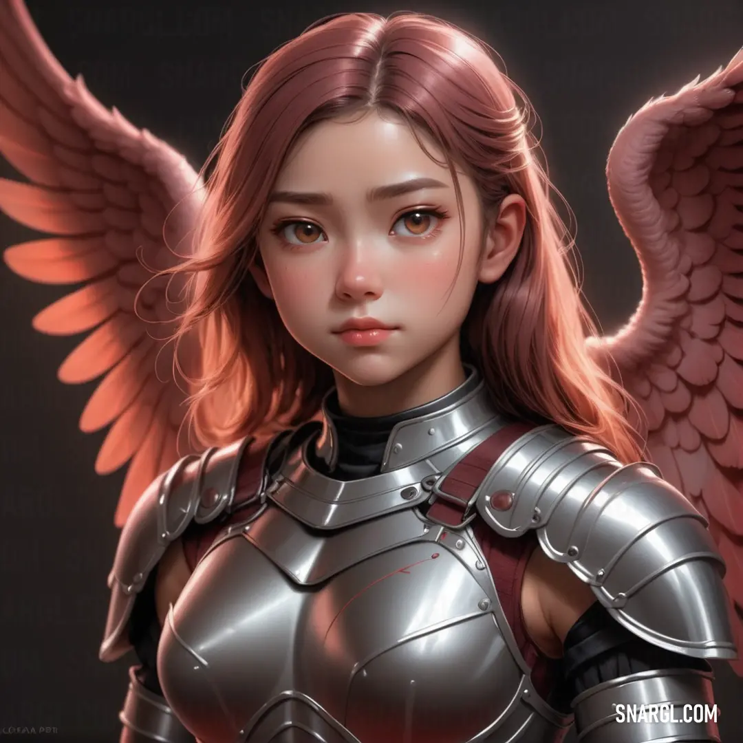 Chestnut color. Girl with a helmet and wings on her chest and chest, with a black background