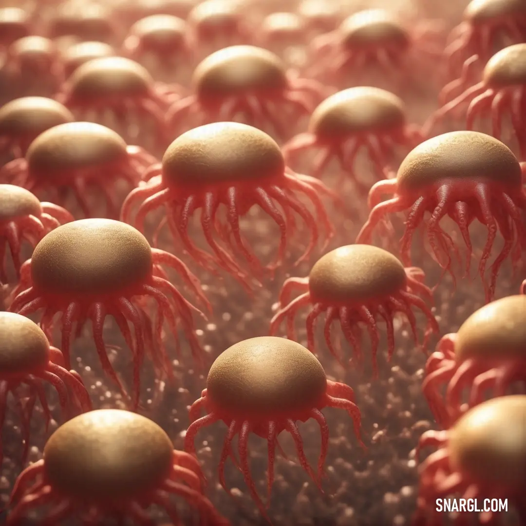 Group of red jellyfishs floating in a body of water with bubbles on them. Example of Chestnut color.