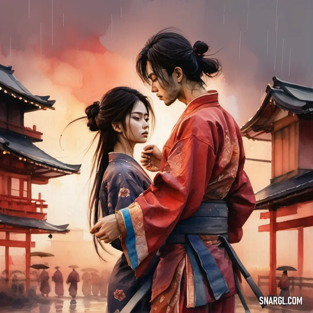 Painting of a couple in traditional japanese dress standing in front of a pagoda with a rain shower behind them