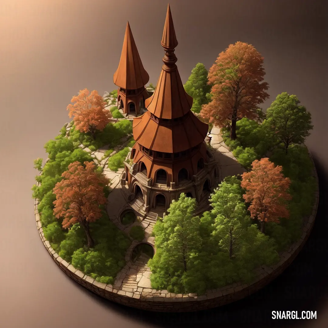 Small model of a castle surrounded by trees and bushes on a circular surface with a path leading to it