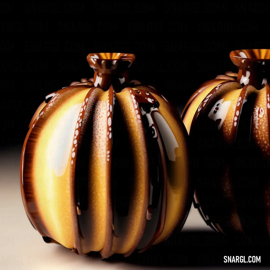 Two brown and white vases on a table together on a black background with a spotty spotty spotty spotty spot